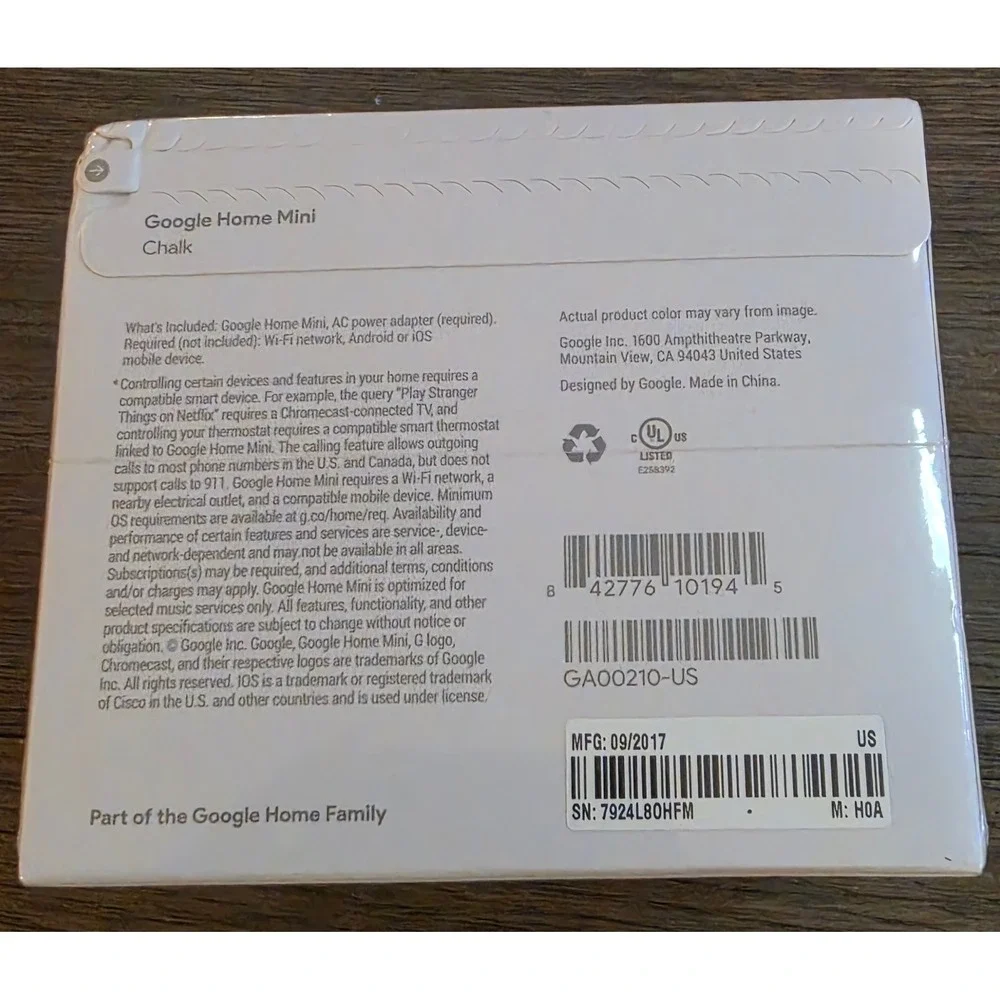 Google Home Mini Smart Speaker Chalk White GA00210-US New Sealed